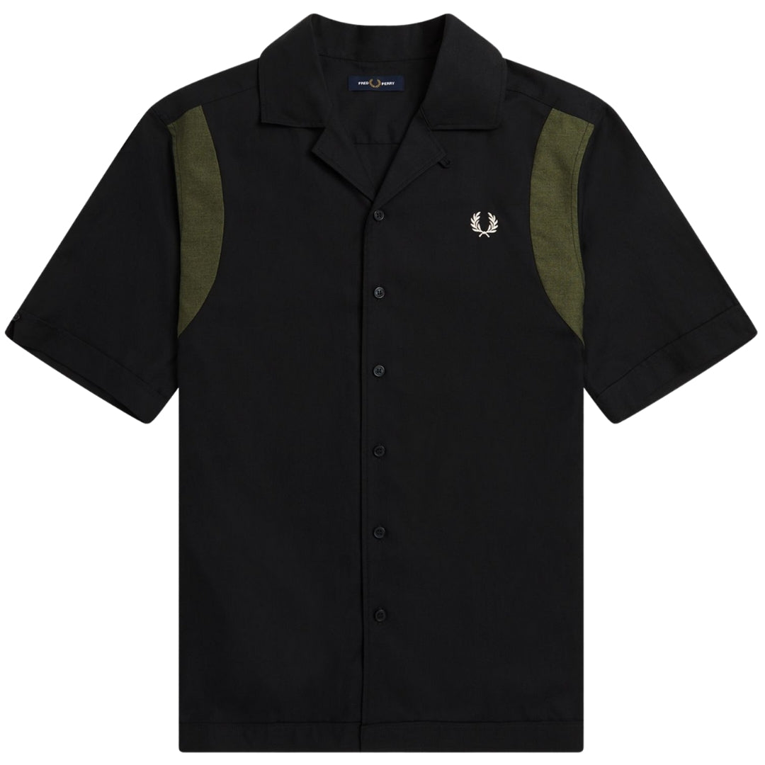 Fred Perry Black Panelled Short Sleeve Bowling Shirt XS